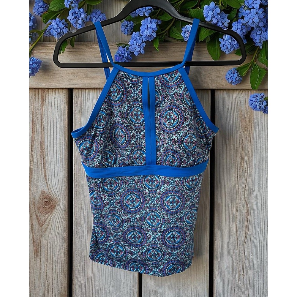 LANDS END Size 10L Tankini Top Blue Pink Keyhole High Neck Swim Top